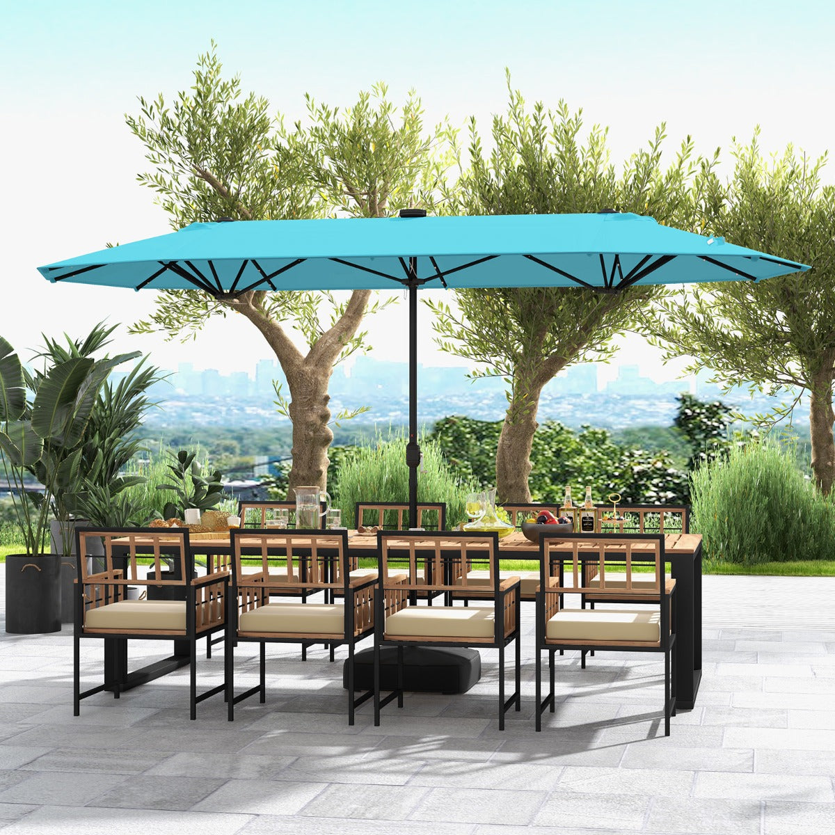LIVSK Dubbele Tuinparasol met LED Verlichting - 400 x 200 cm - Stevige Constructie - Eenvoudige Installatie - Wijnrood