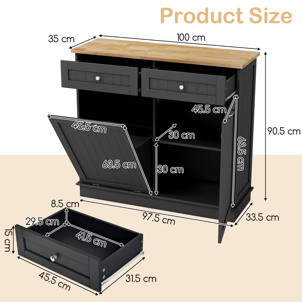 LIVSK Uitklapbare Vuilniskast - Massief Rubberhouten Werkblad - 2 Laden - Verstelbaar Rek - Tot 42 liter - 100 x 35 x 90,5 cm -