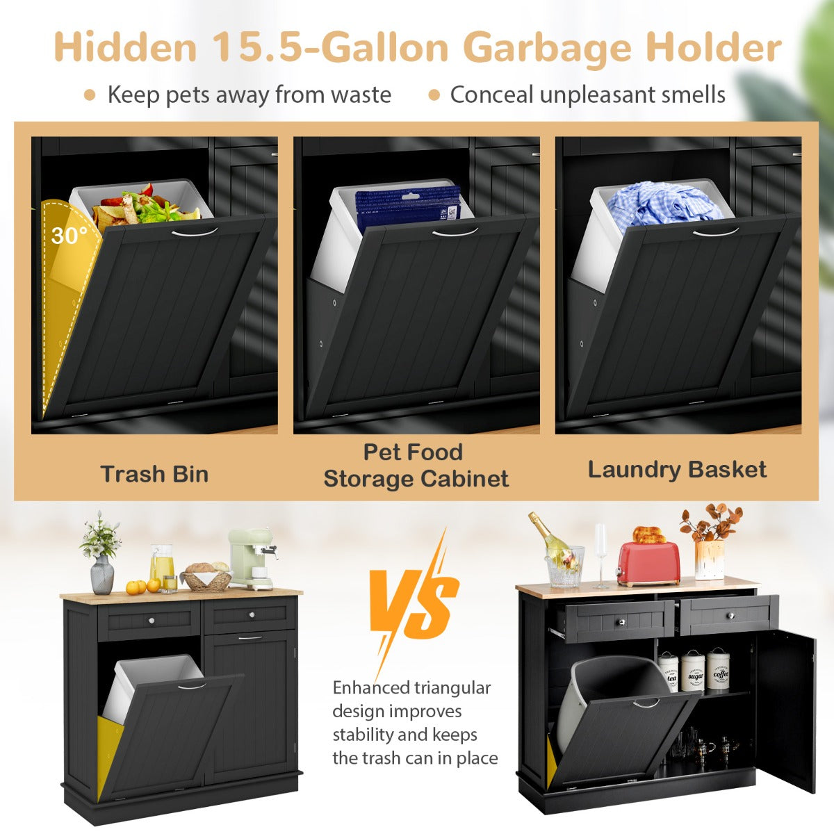 LIVSK Uitklapbare Vuilniskast - Massief Rubberhouten Werkblad - 2 Laden - Verstelbaar Rek - Tot 42 liter - 100 x 35 x 90,5 cm -