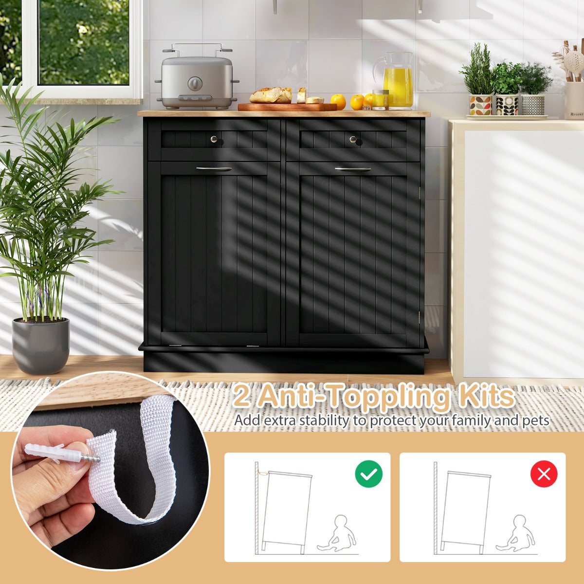 LIVSK Uitklapbare Vuilniskast - Massief Rubberhouten Werkblad - 2 Laden - Verstelbaar Rek - Tot 42 liter - 100 x 35 x 90,5 cm -