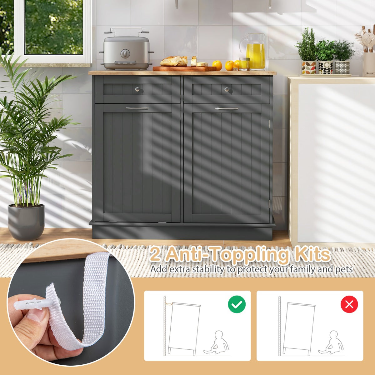 Livsk costway 42 l keukenkast met groot werkblad en 2 laden verstelbaar rek vuilnisemmerkast voor keuken zonder vuilnisemmer grijs 100 x 35 x 905 cm 5