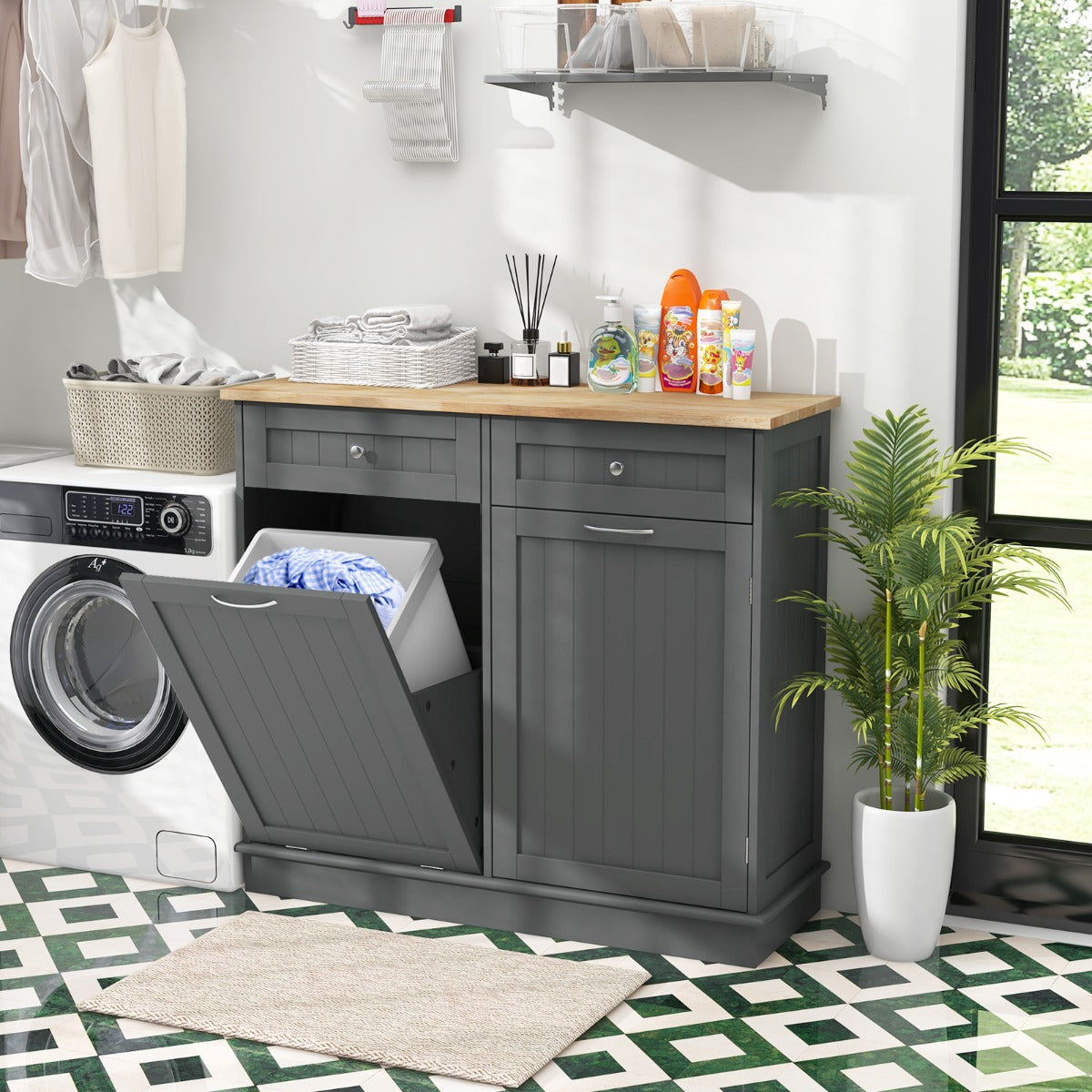 Livsk costway 42 l keukenkast met groot werkblad en 2 laden verstelbaar rek vuilnisemmerkast voor keuken zonder vuilnisemmer grijs 100 x 35 x 905 cm 6