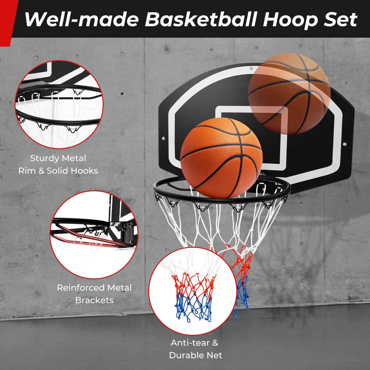 LIVSK Wandgemonteerde Basketbalringset - PE Bord 72 x 45,5 cm - Metalen Ring - Inclusief Accessoires - Voor Binnen en Buiten -
