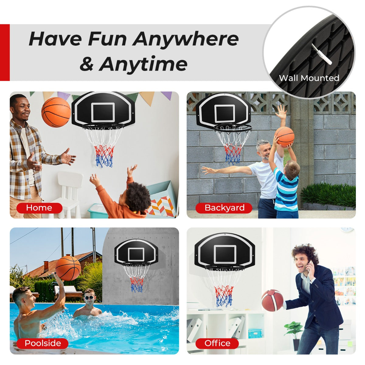 LIVSK Wandgemonteerde Basketbalringset - PE Bord 72 x 45,5 cm - Metalen Ring - Inclusief Accessoires - Voor Binnen en Buiten -