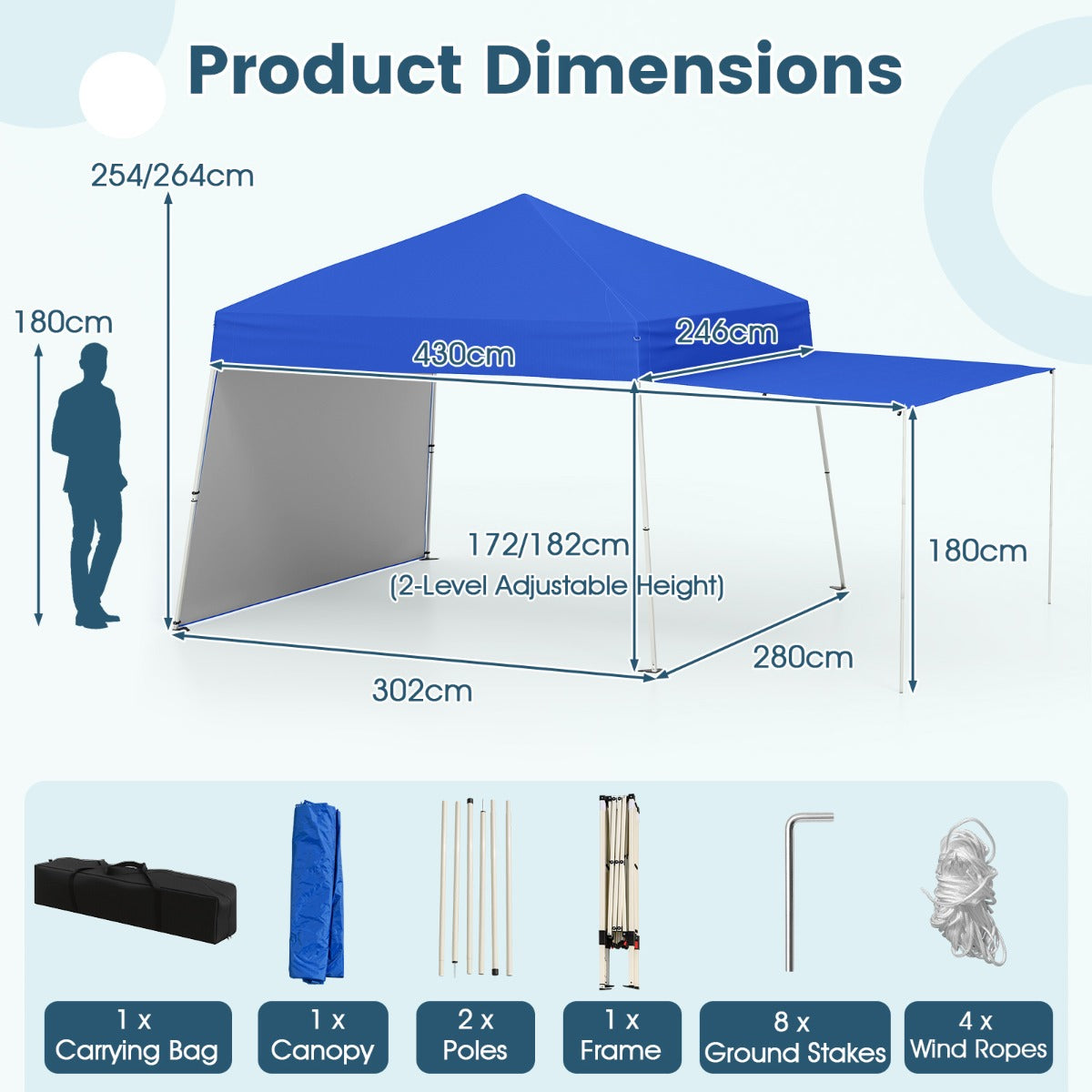 LIVSK Pop-up Paviljoen Tent met Zijwanden - Ruim Schaduwgebied 302 x 280 x 254/264 cm - Eenvoudig Opzetten - Wit / Blauw