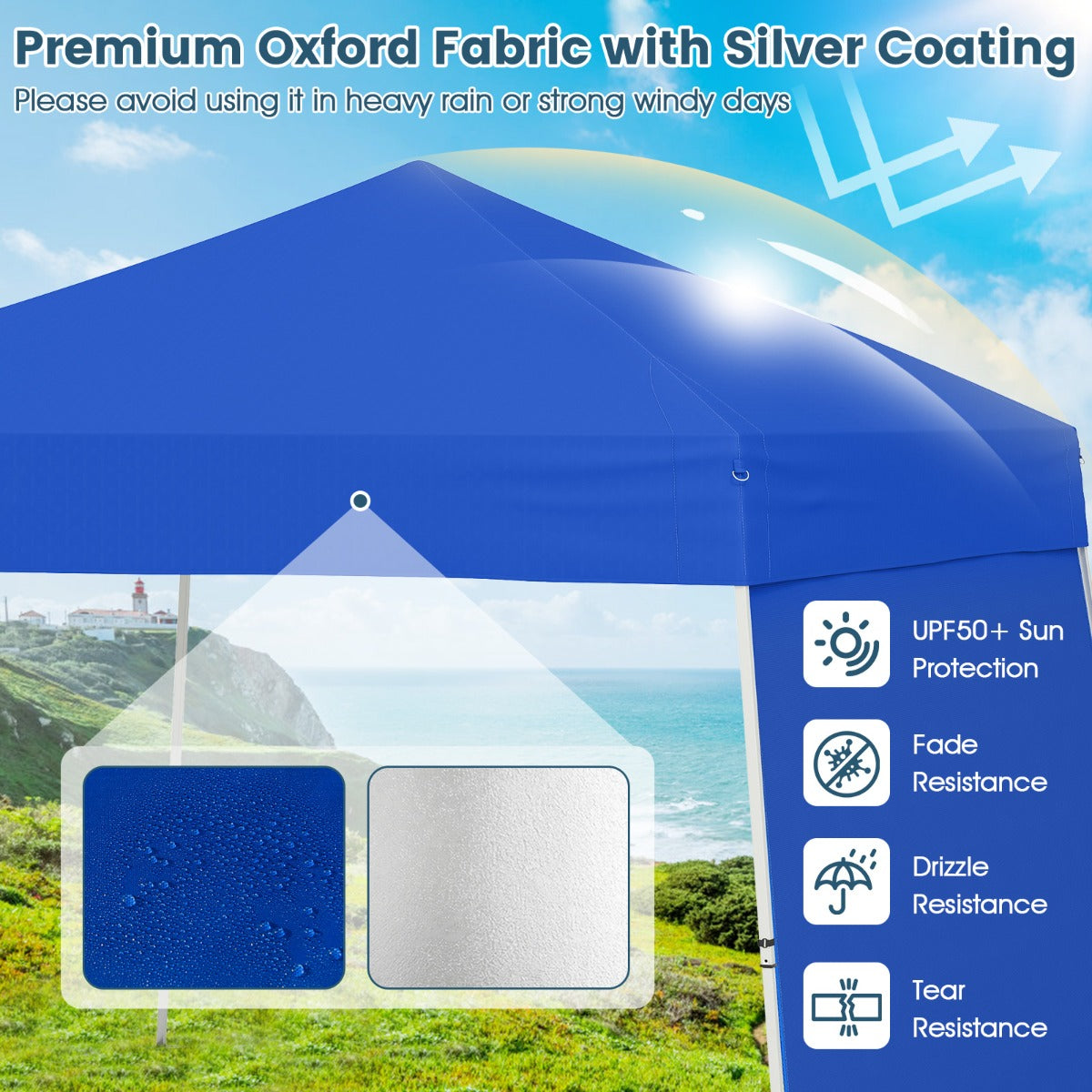 LIVSK Pop-up Paviljoen Tent met Zijwanden - Ruim Schaduwgebied 302 x 280 x 254/264 cm - Eenvoudig Opzetten - Wit / Blauw