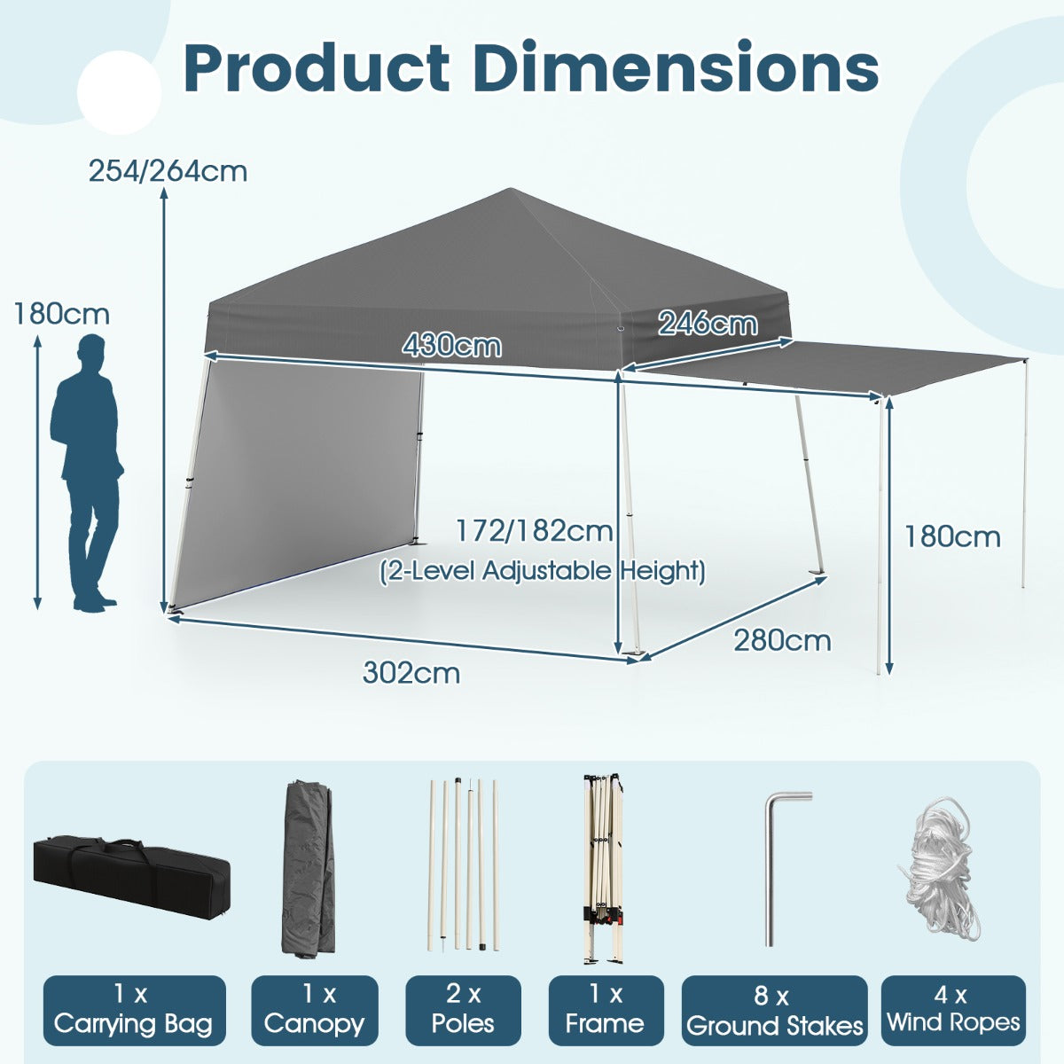 LIVSK Pop-Up Paviljoen Tent - Oxford Stof met Zilvercoating - Eenvoudig Op te Zettten - 430 x 280 x 254/264 cm - Grijs