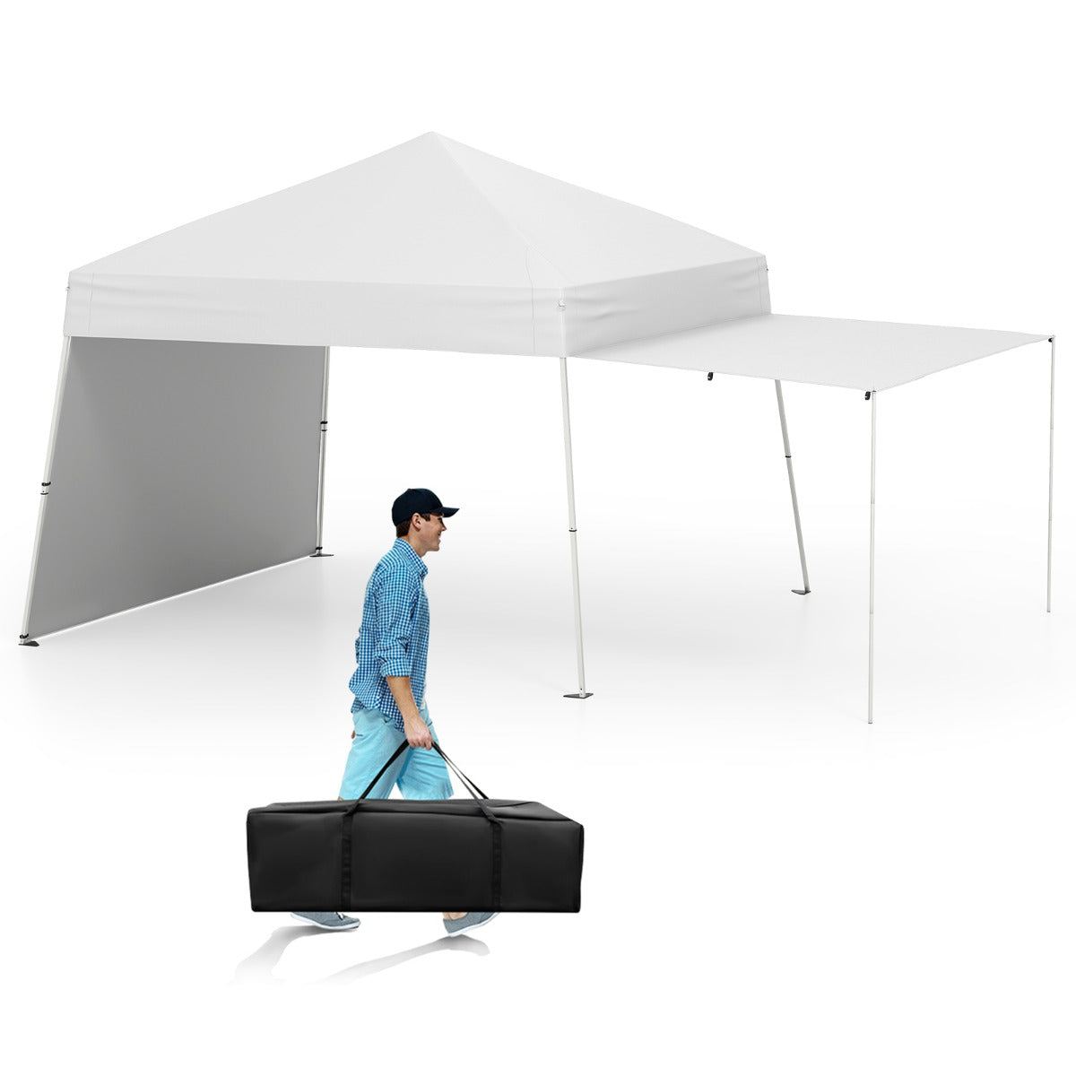 LIVSK Pop-up Paviljoen Tent met Zijwanden - Ruim Schaduwgebied 430 x 280 x 254/264 cm - Eenvoudig Op te Zet - Wit/Blauw