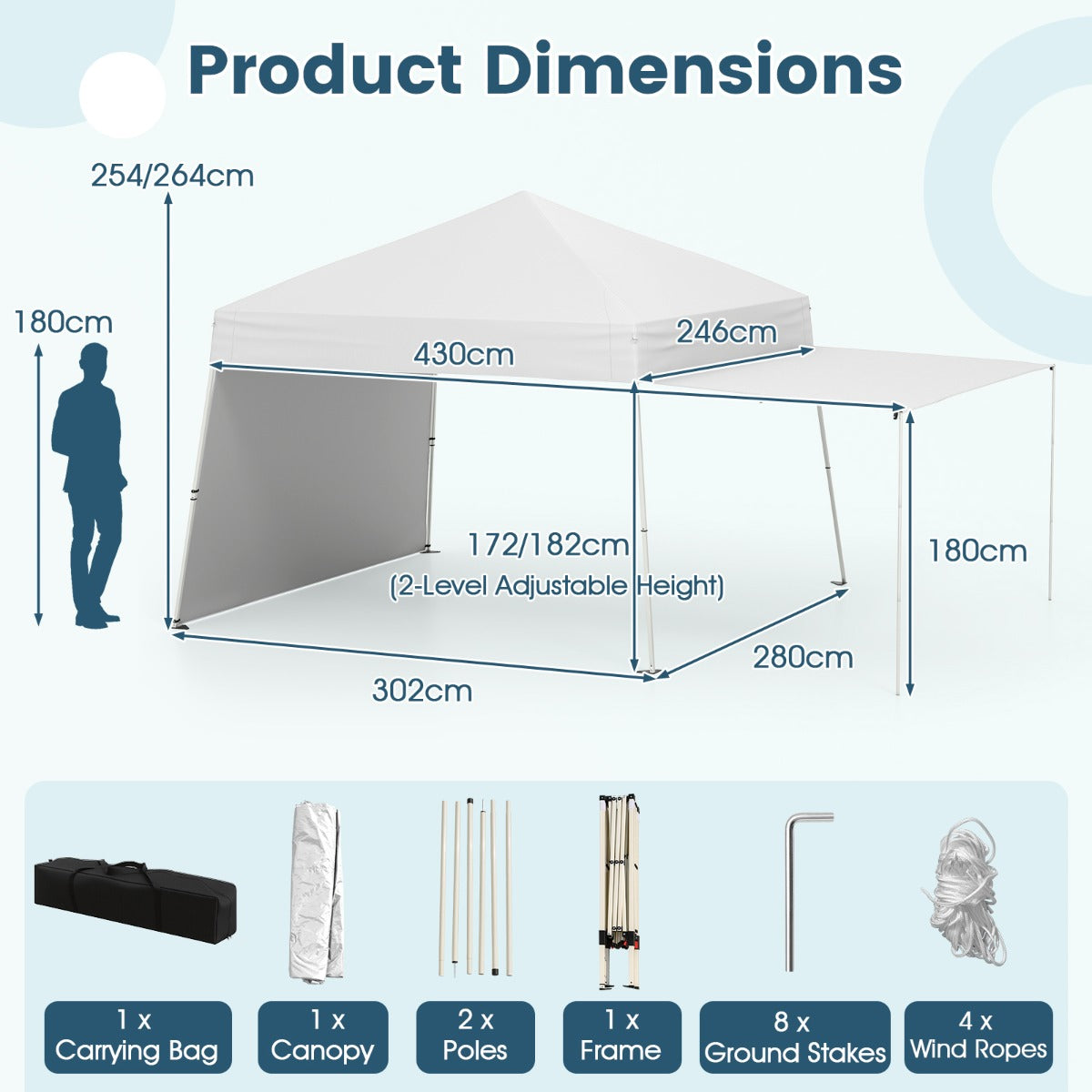 LIVSK Pop-up Paviljoen Tent met Zijwanden - Ruim Schaduwgebied 430 x 280 x 254/264 cm - Eenvoudig Op te Zet - Wit/Blauw