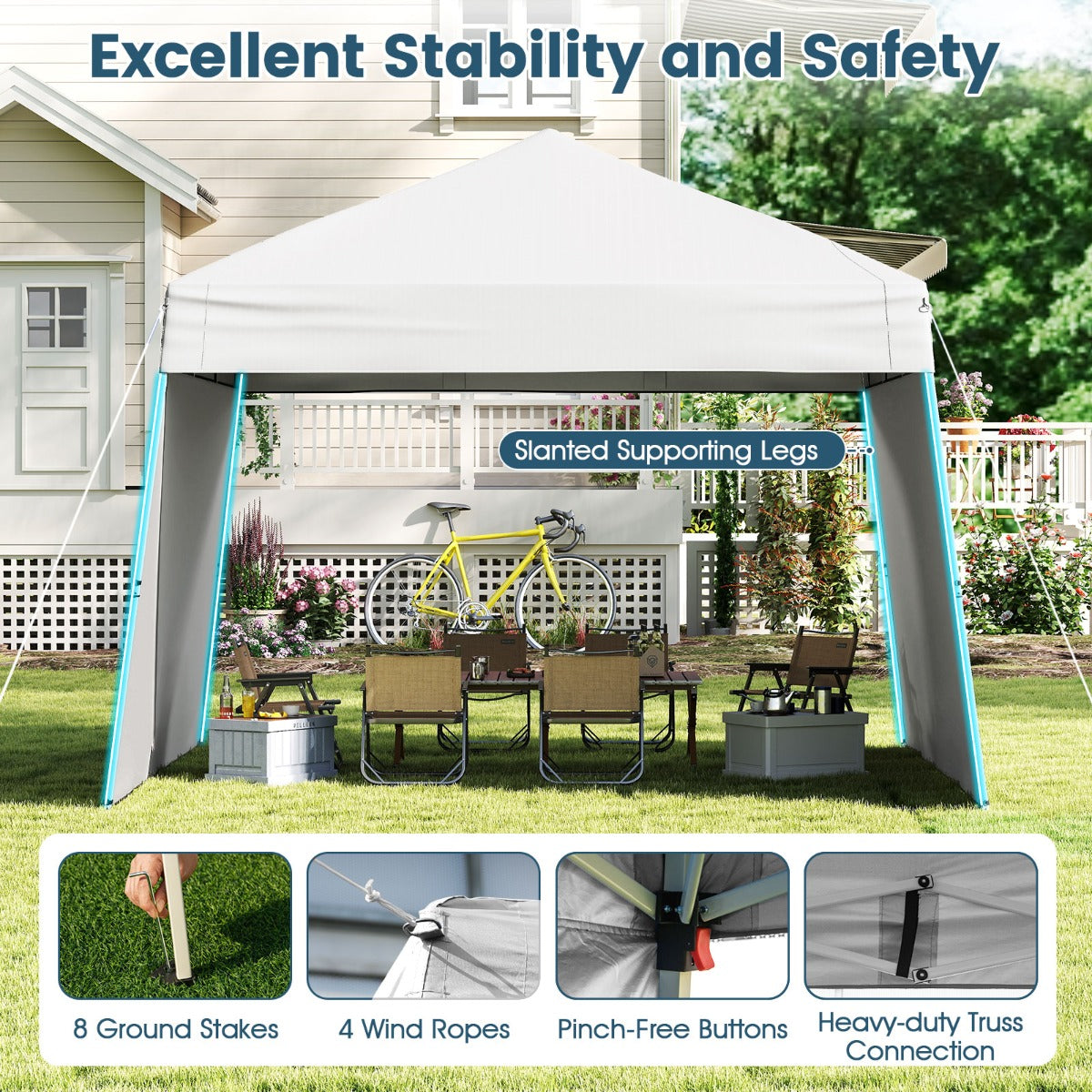 LIVSK Pop-up Paviljoen Tent met Zijwanden - Ruim Schaduwgebied 430 x 280 x 254/264 cm - Eenvoudig Op te Zet - Wit/Blauw