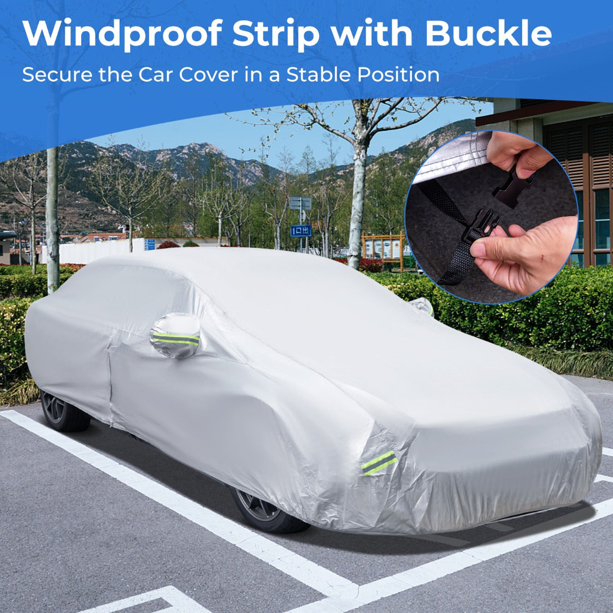 LIVSK Autohoes - 3-laagse Bescherming - UV-, Regen- en Sneeuwbestendig - Reflecterende Strips - Eenvoudige Installatie - Zilver