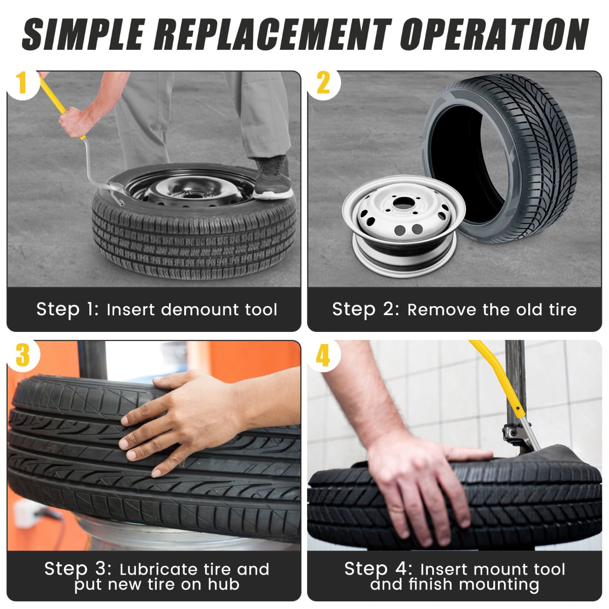 LIVSK 3-delige Bandenwisselset - Voor Tubeless Banden 44-62 cm - Duurzaam Koolstofstaal - Ergonomisch - Geel