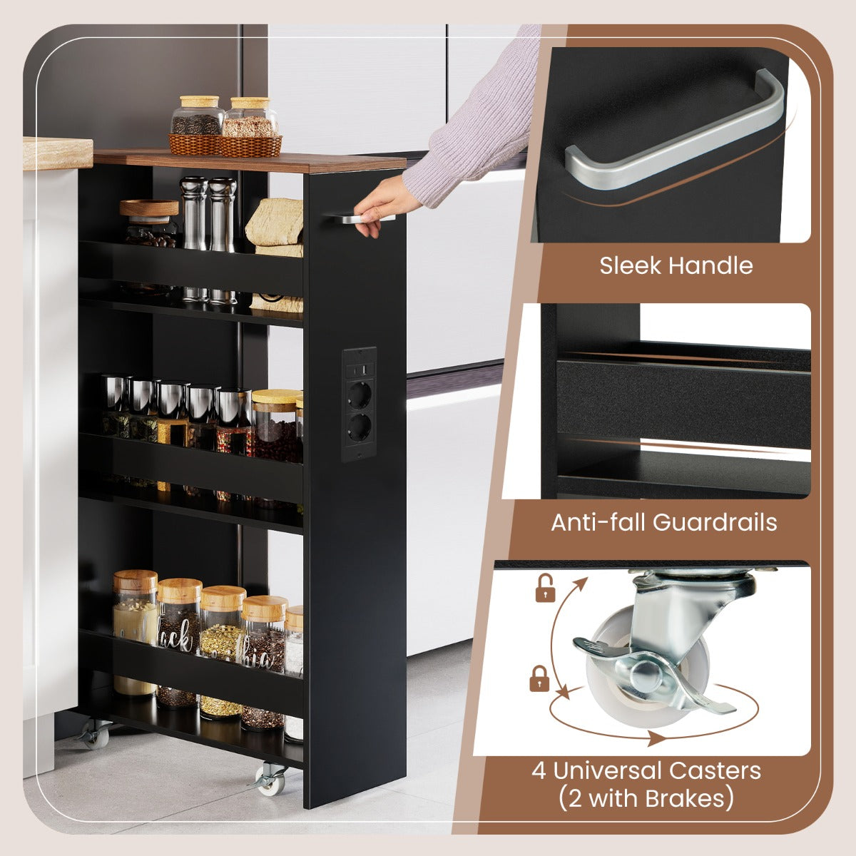 Livsk costway 44 laags trolley smalle keukentrolley met oplaadstation en drie open planken bruin 5