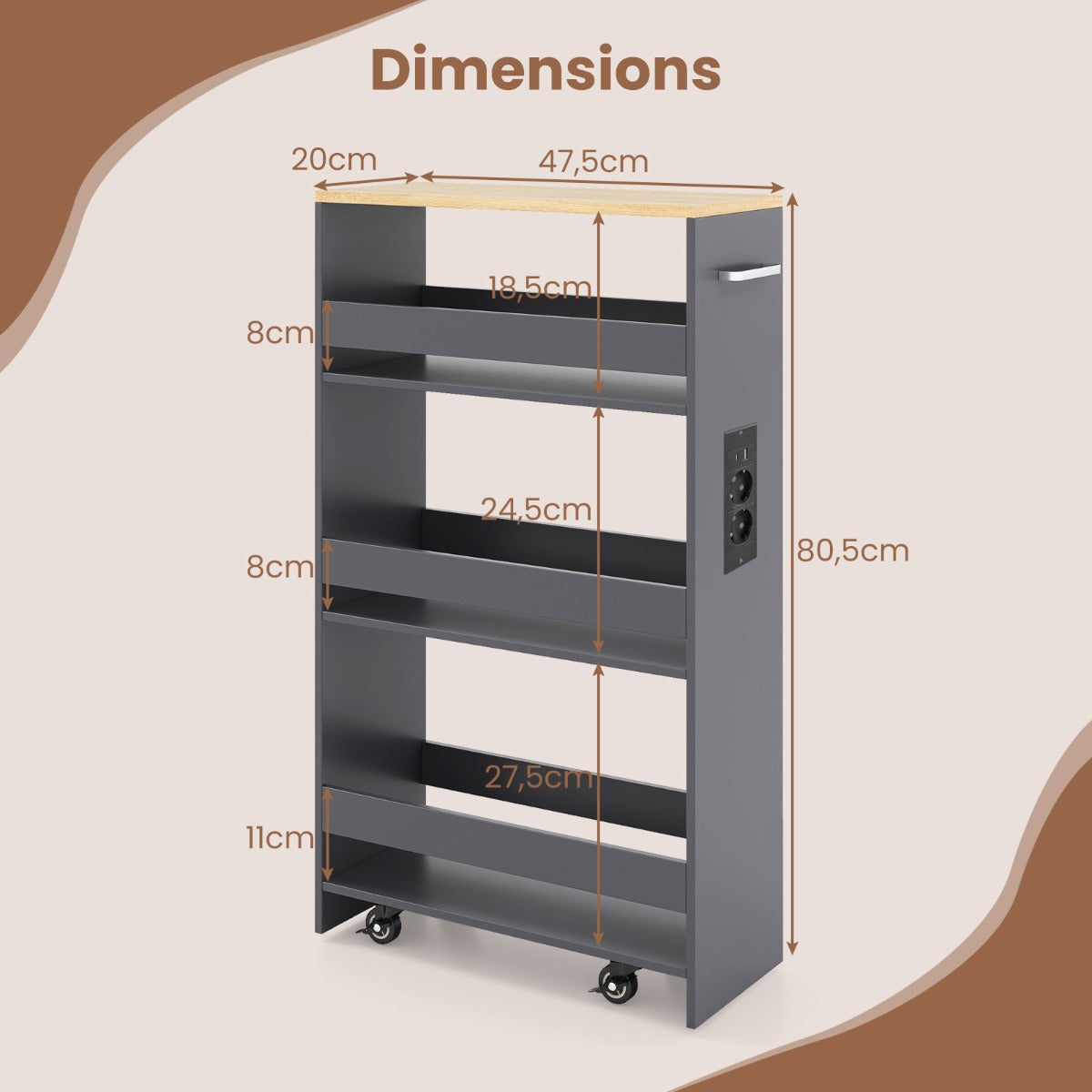 Livsk costway 44 laags trolley smalle keukentrolley met oplaadstation en drie open planken grijs 2