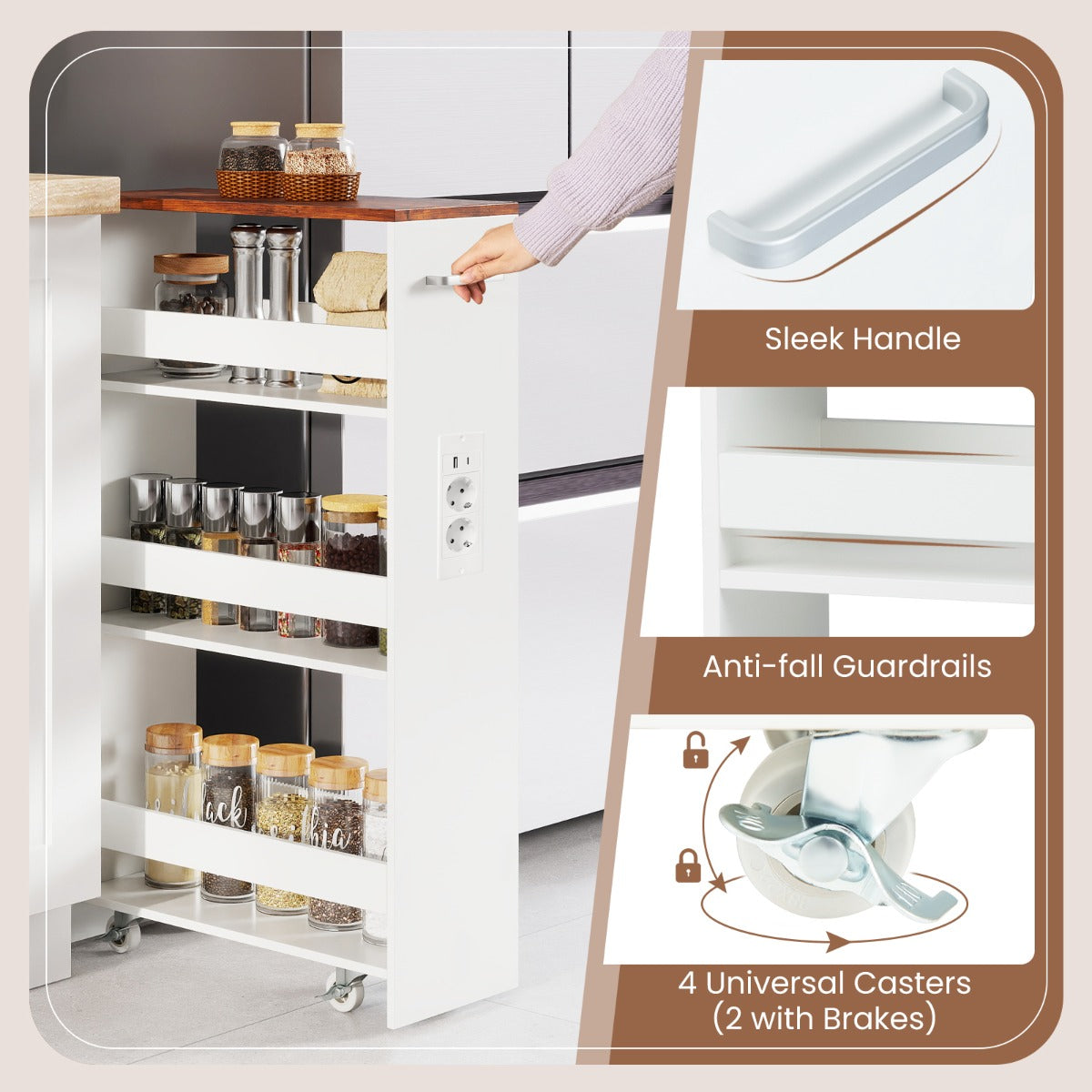 Livsk costway 44 laags trolley smalle keukentrolley met oplaadstation en drie open planken wit 3