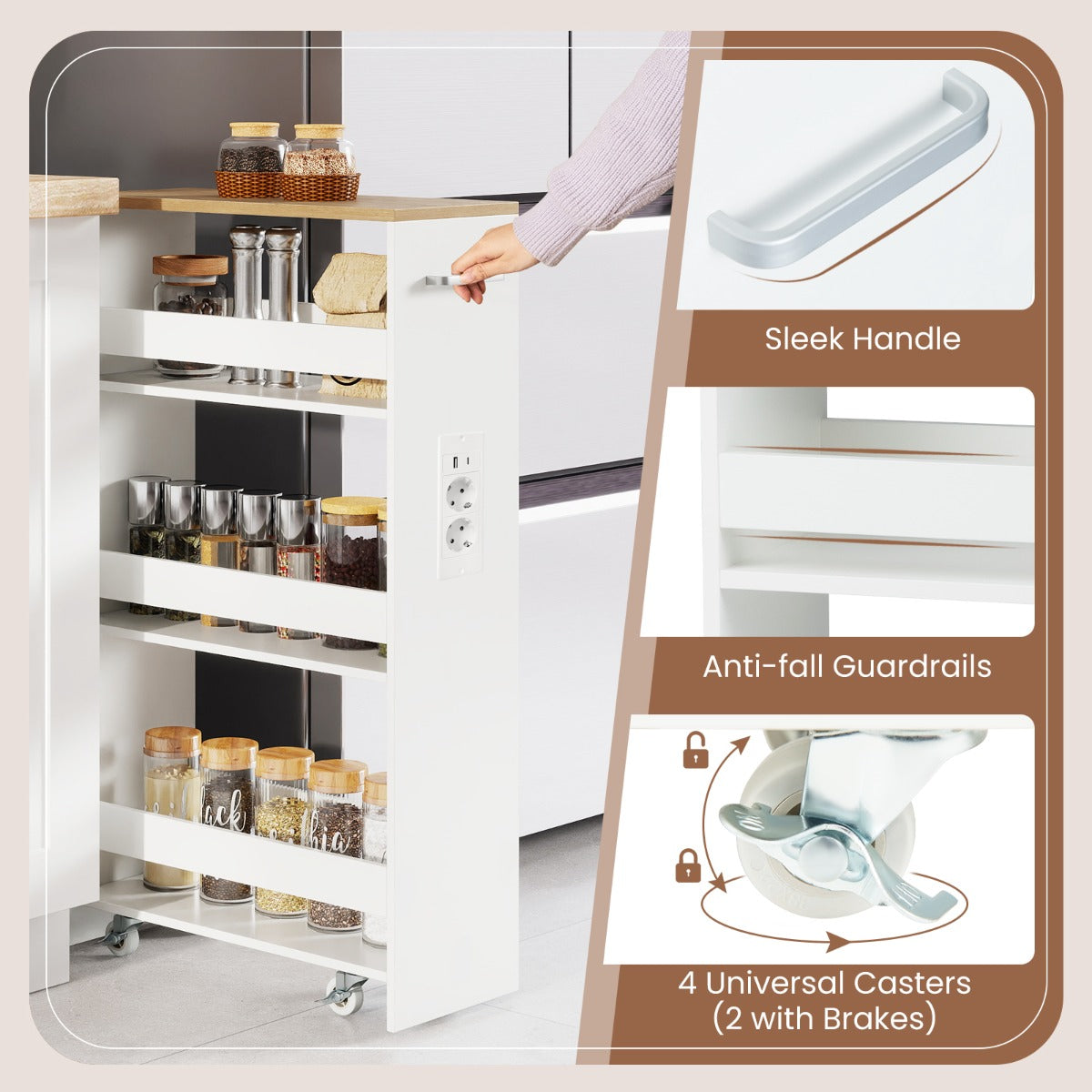 Livsk costway 44 laags trolley smalle keukentrolley met oplaadstation en drie open planken witnaturel 5