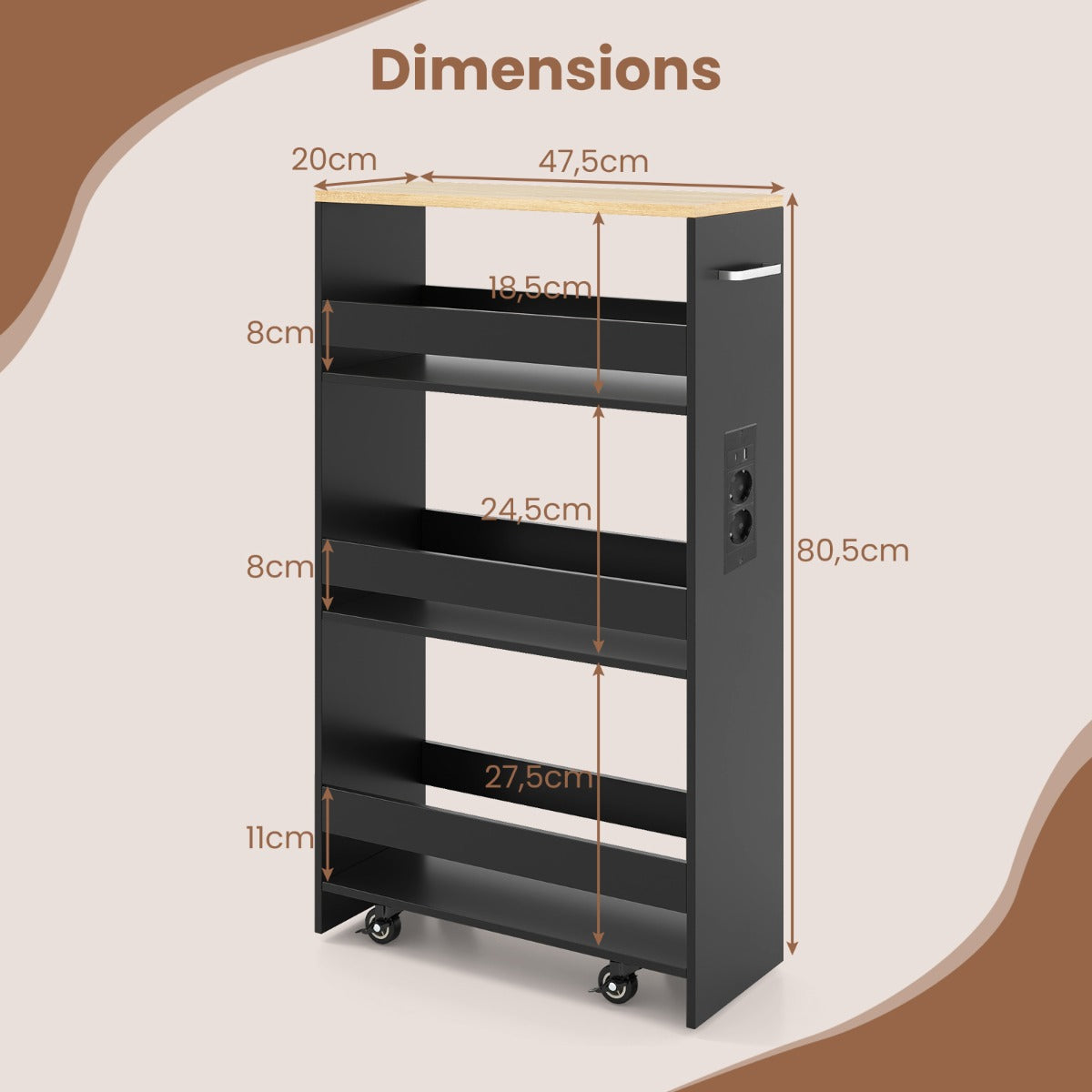 Livsk costway 44 laags trolley smalle keukentrolley met oplaadstation en drie open planken zwart 1 1