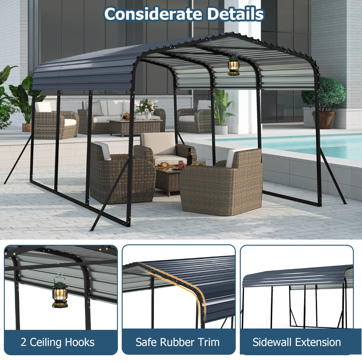 LIVSK Hardtop Carport - 440 x 300 cm - Robuuste Bescherming - Waterdicht - Stabiele Verankering - Tot 120 kg Sneeuwlast - Zwart