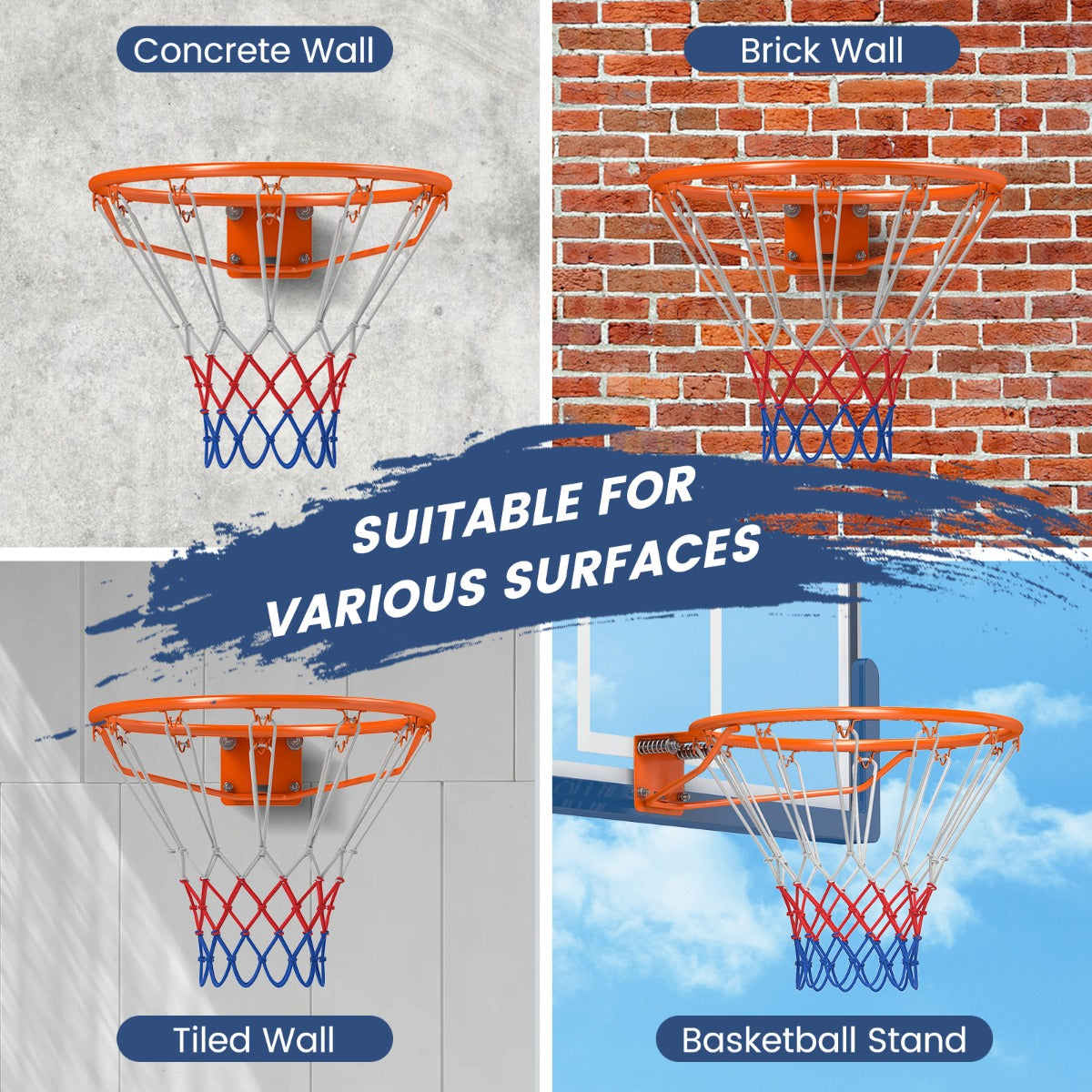 Livsk costway 45 cm basketbalring met net voor alle seizoenen aan de muur bevestigde basketbalstandaard met dubbele veren 6 2