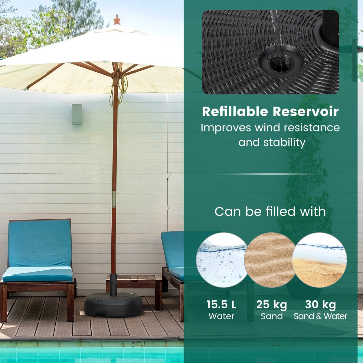 LIVSK Vulbare Parasolvoetsteun - HDPE - 15,5 L Watercapaciteit - Geschikt voor 38/48 mm Stokken - 45 x 30 cm - Zwart