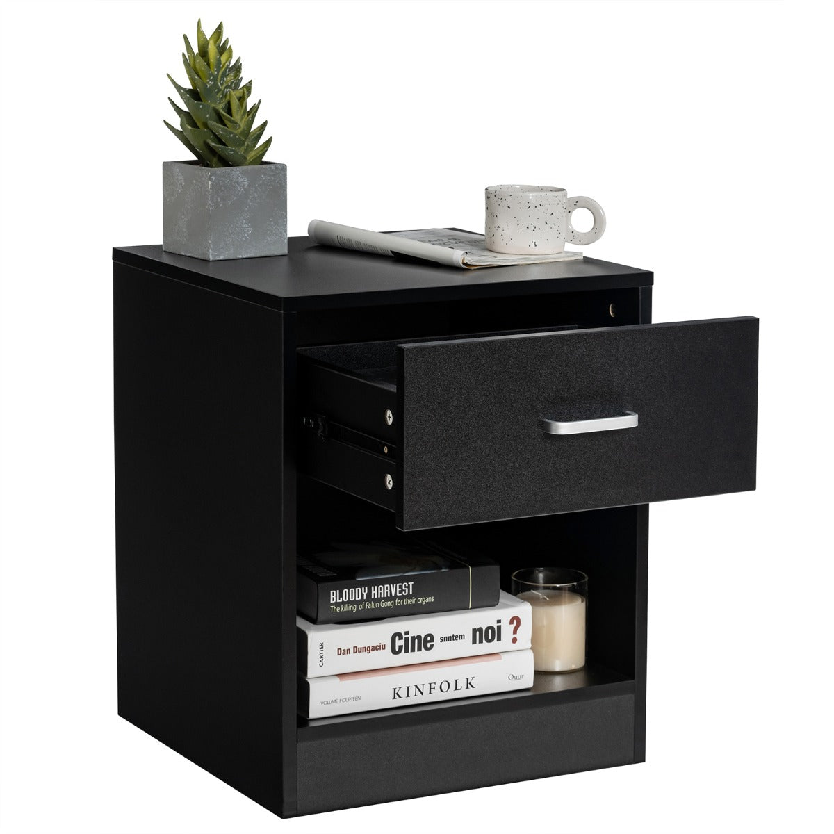 LIVSK Modern Bijzettafel - Ruime Lade en Open Rek - Robuuste Houten Constructie - Antislip Kussens - Geschikt voor Elke Ruimte -