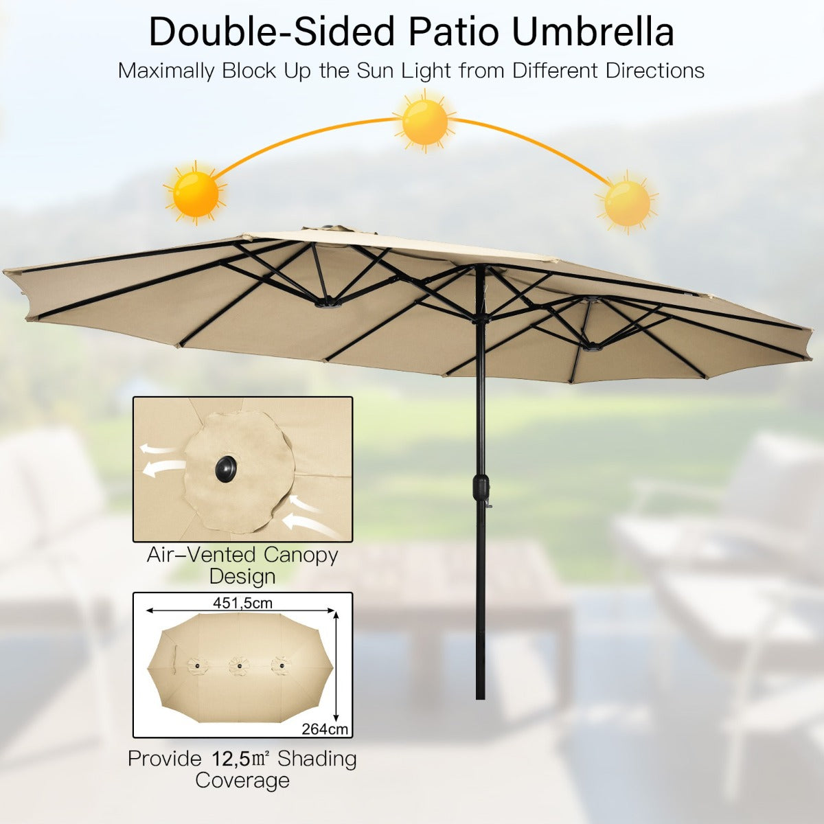 LIVSK Dubbelzijdige Parasol - Groot Schaduwoppervlak 451,5 cm - Metalen Standaard - Eenvoudig te Gebruiken - Beige