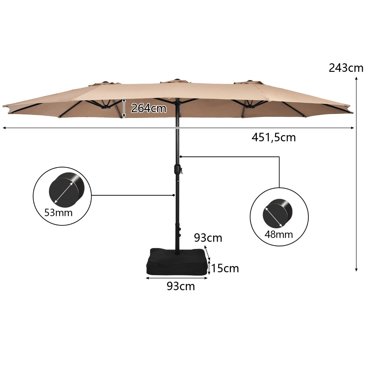 LIVSK Dubbelzijdige Parasol met Standaard - Royaal Schaduwoppervlak 451,5 cm - Metalen Frame - Gebruiksvriendelijk -