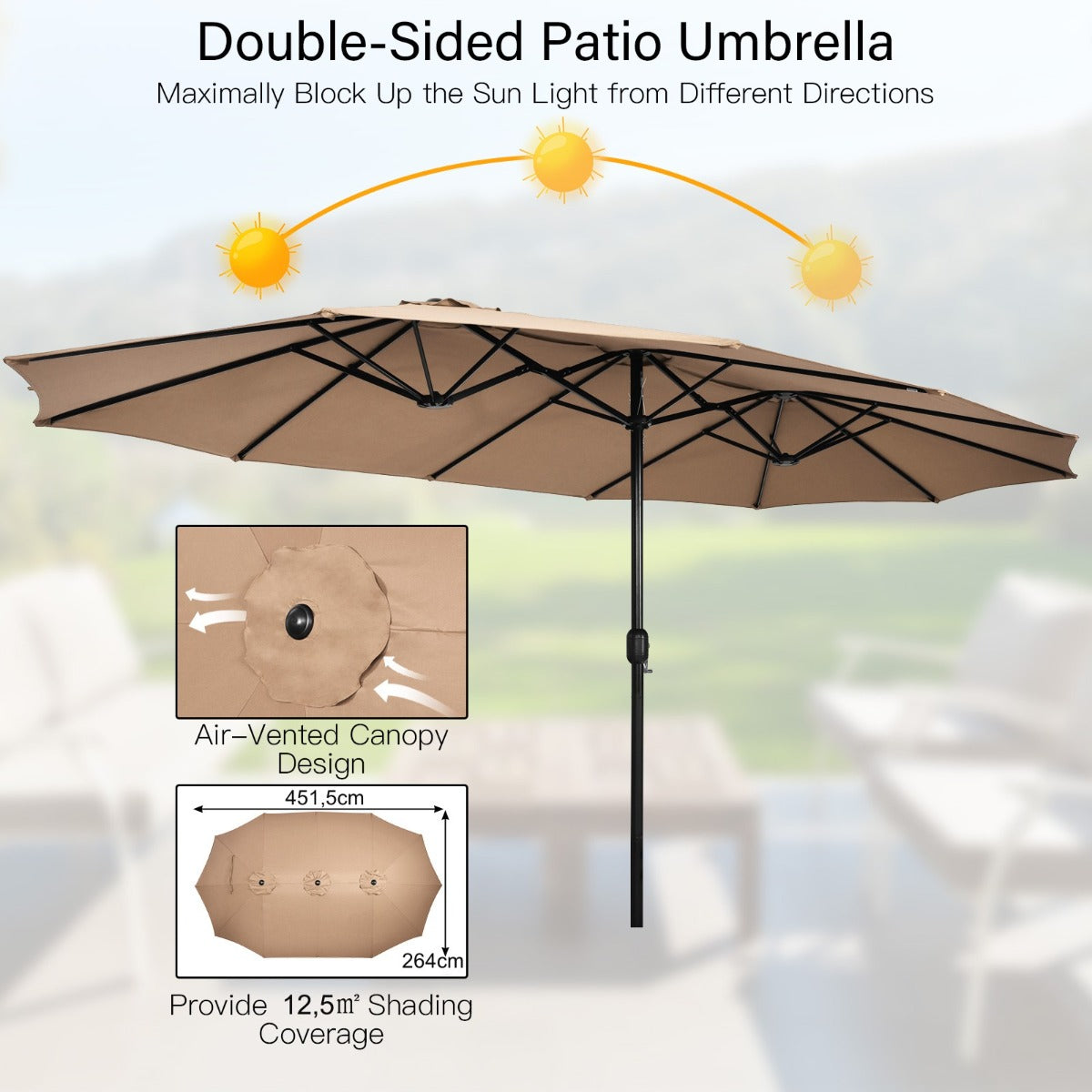 LIVSK Dubbelzijdige Parasol met Standaard - Royaal Schaduwoppervlak 451,5 cm - Metalen Frame - Gebruiksvriendelijk -