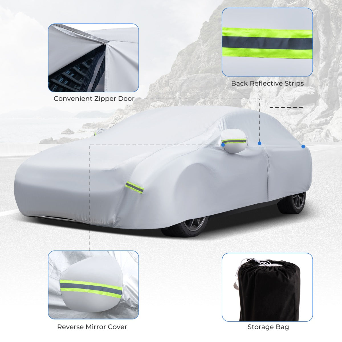 LIVSK Universele Autohoes - 3-laagse Constructie - UV-, Regen- en Sneeuwbestendig - Reflecterende Strips - Zilver