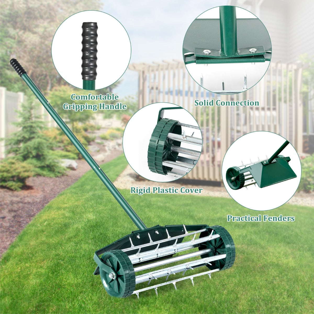 LIVSK Rollende Gazonbeluchter - Handmatige Verticuteerder met Beschermend Schild - Dieptepunt 3 cm - Ergonomisch Ontwerp -