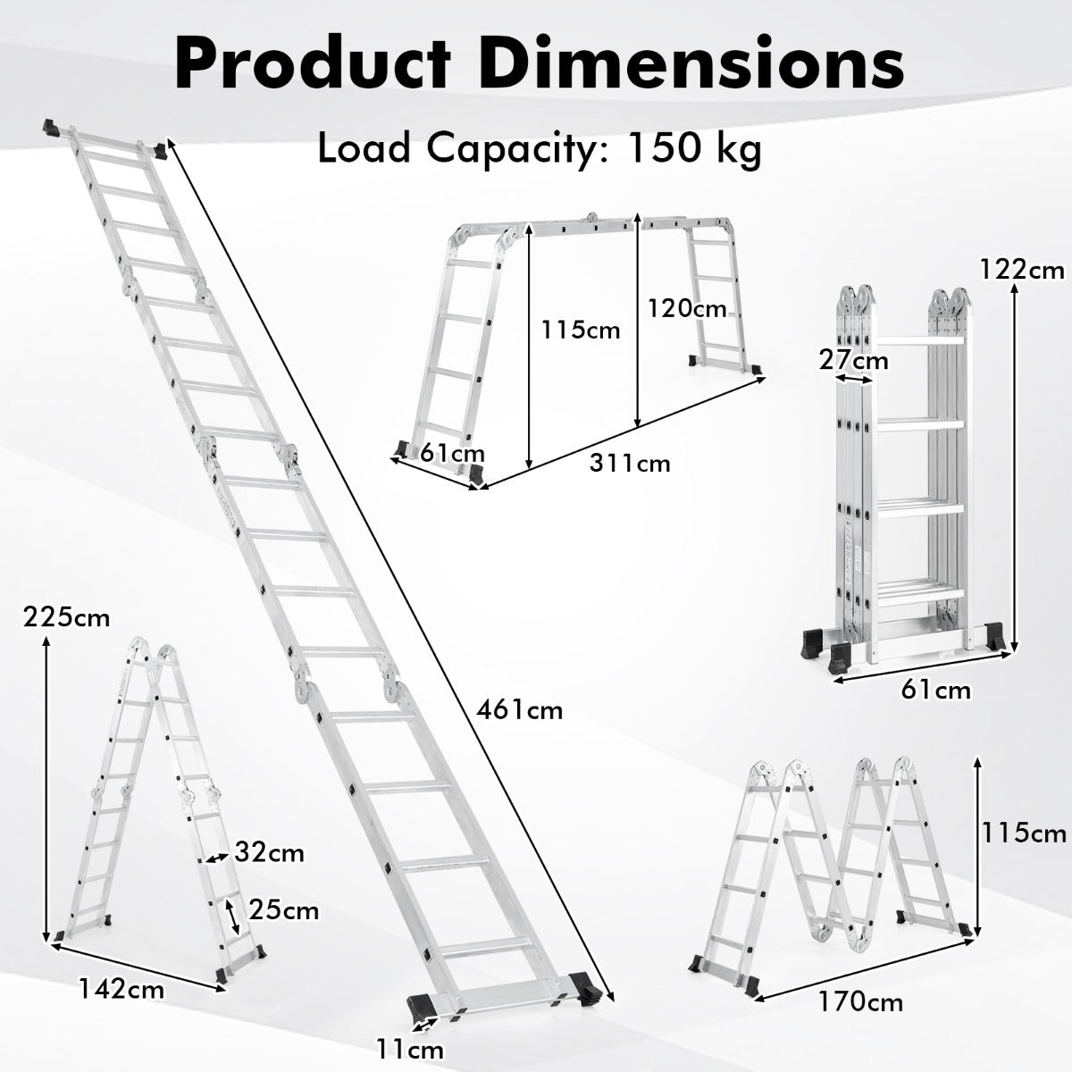 LIVSK 7-in-1 Vouwladder Aluminium - Belasting 150 kg - Antislip Treden en Voetsteunen - Verstelbare Hoeken - Zilver