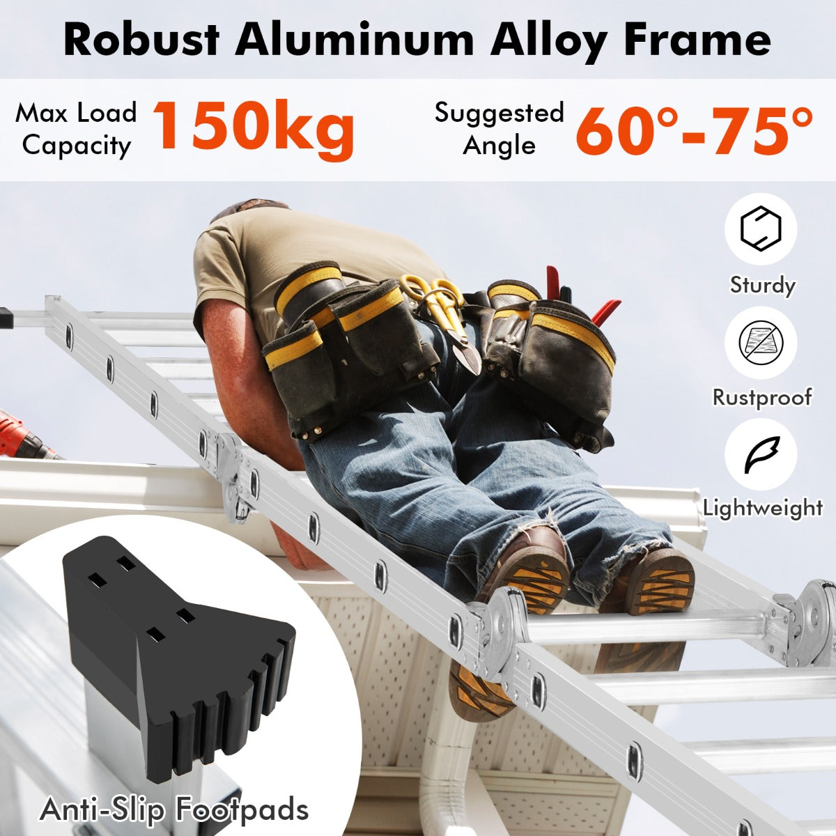 LIVSK 7-in-1 Vouwladder Aluminium - Belasting 150 kg - Antislip Treden en Voetsteunen - Verstelbare Hoeken - Zilver