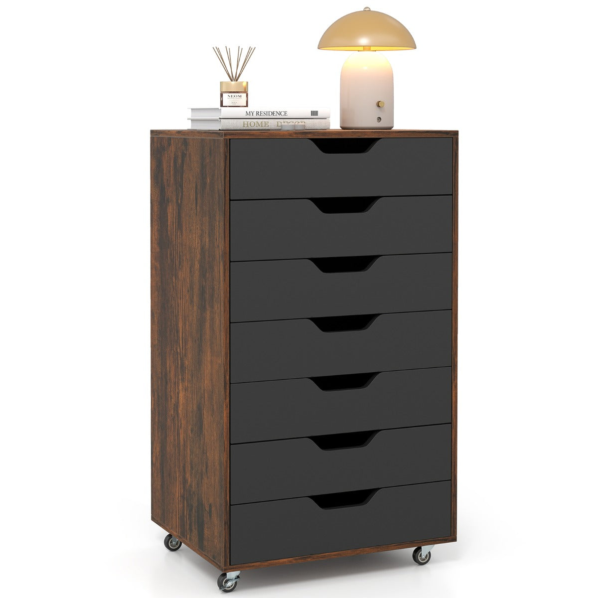 Livsk costway 49 x 40 x 87 cm een verrijdbaar houten kantoorkastje met 7 laden en wielen bruin