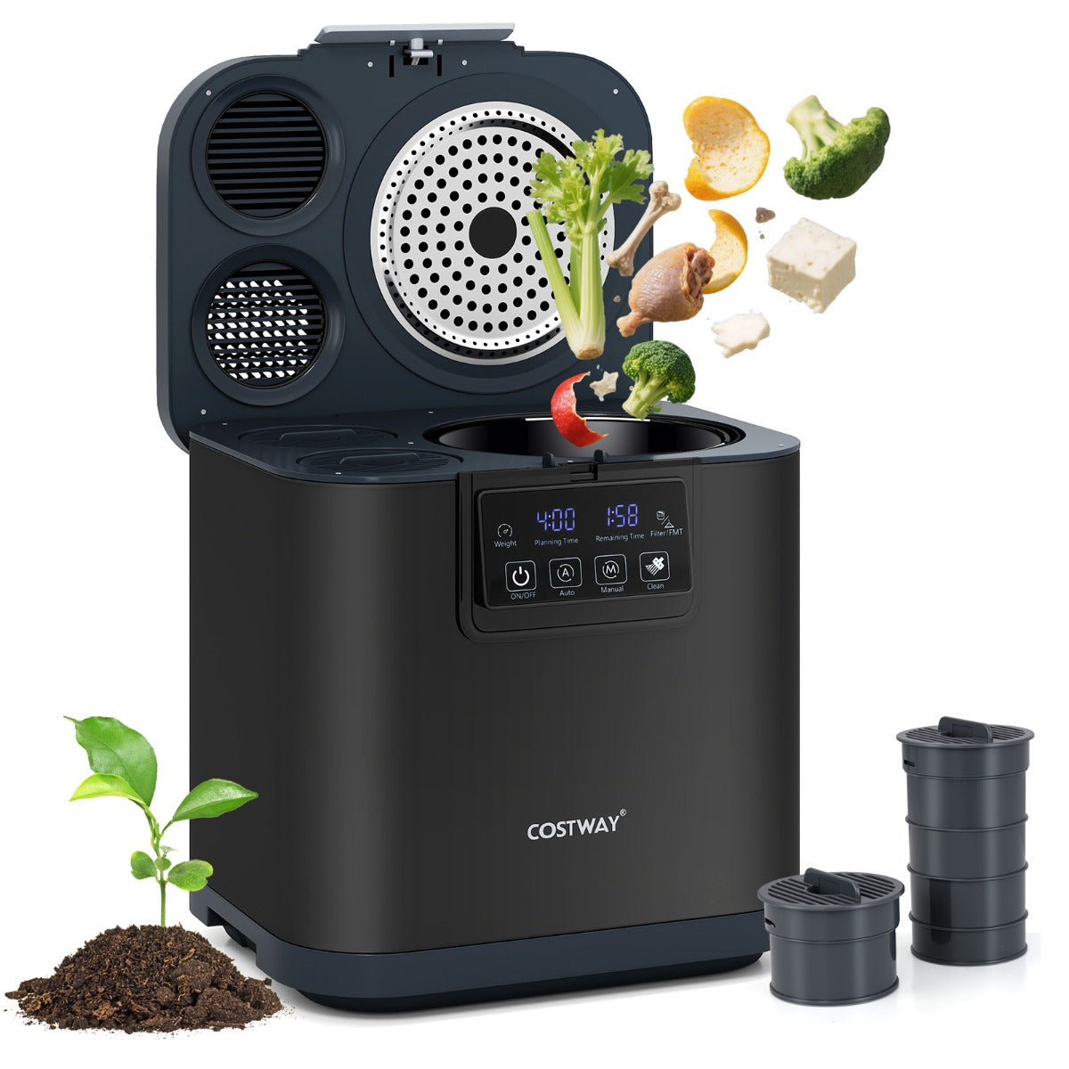 Livsk costway 4l elektrische compostbak voor keuken slimme afvalbak voor op het aanrecht zelfreinigend led display compostbak voor binnen buiten