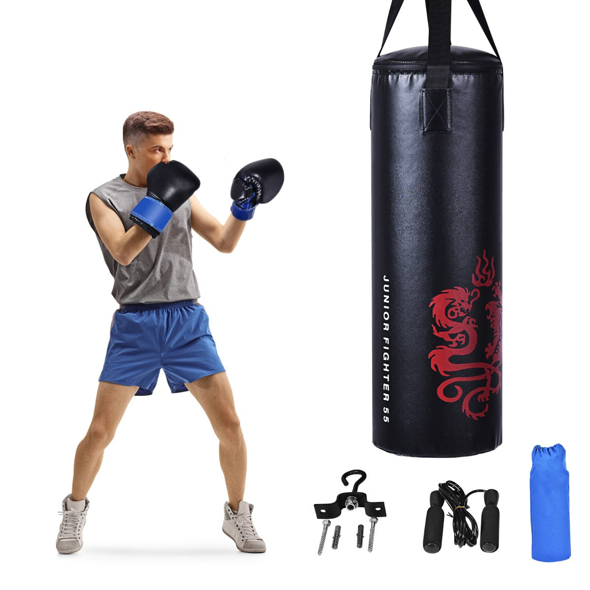 LIVSK Bokszakkenset voor Kinderen - Inclusief Bokshandschoenen en Springtouw - Duurzaam PVC-leer - Voor MMA en Kickboksen - Zwart