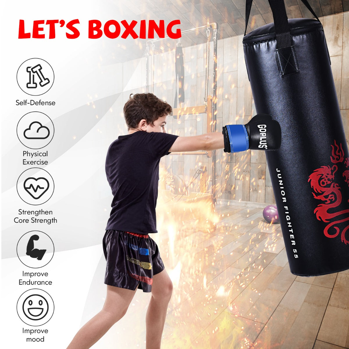 LIVSK Bokszakkenset voor Kinderen - Inclusief Bokshandschoenen en Springtouw - Duurzaam PVC-leer - Voor MMA en Kickboksen - Zwart
