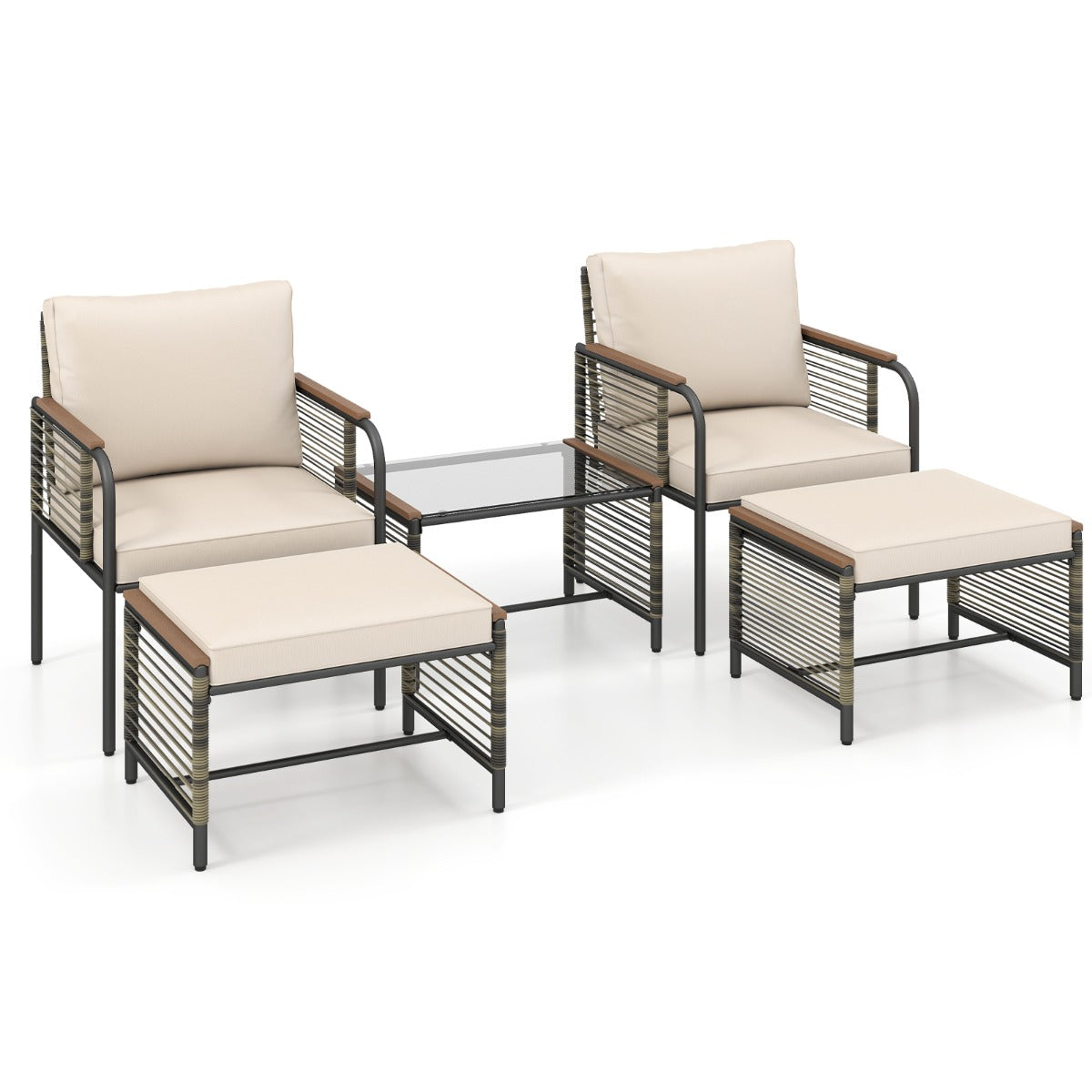 Livsk costway 5 delige buitenmeubelset met kussens pe rotan stoelen voor terras met 2 voetenbankjes en salontafel van gehard glas buitenmeubilair voor balkon terras en tuin 1 1