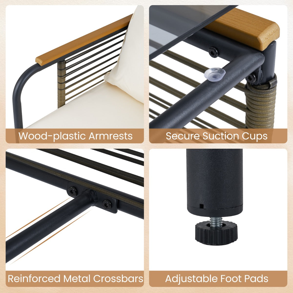 Livsk costway 5 delige buitenmeubelset met kussens pe rotan stoelen voor terras met 2 voetenbankjes en salontafel van gehard glas buitenmeubilair voor balkon terras en tuin 6