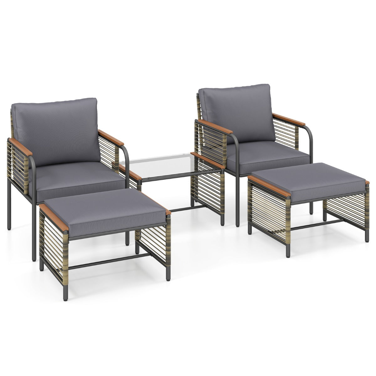 Livsk costway 5 delige buitenmeubelset met kussens pe rotan stoelen voor terras met 2 voetenbankjes en salontafel van gehard glas donkergrijs 1 1