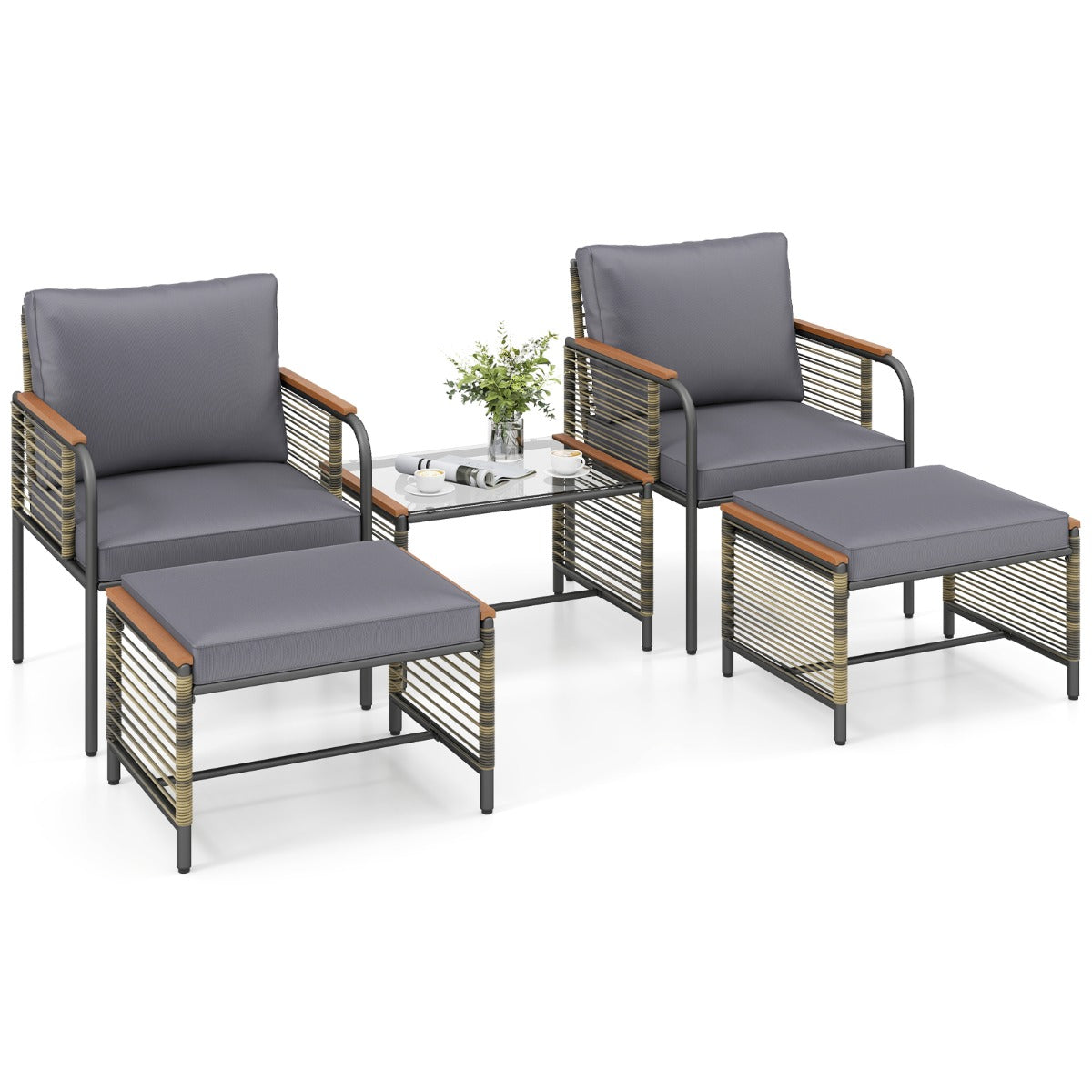 Livsk costway 5 delige buitenmeubelset met kussens pe rotan stoelen voor terras met 2 voetenbankjes en salontafel van gehard glas donkergrijs