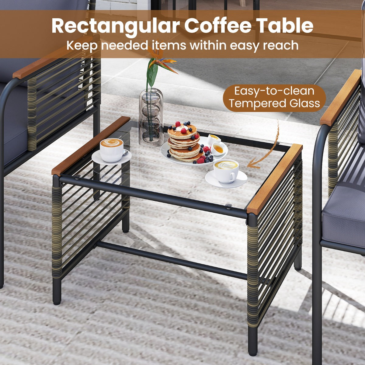 Livsk costway 5 delige buitenmeubelset met kussens pe rotan stoelen voor terras met 2 voetenbankjes en salontafel van gehard glas donkergrijs 4