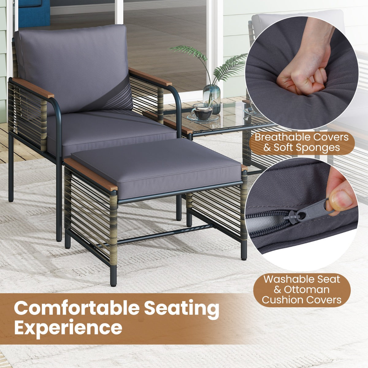 Livsk costway 5 delige buitenmeubelset met kussens pe rotan stoelen voor terras met 2 voetenbankjes en salontafel van gehard glas donkergrijs 5
