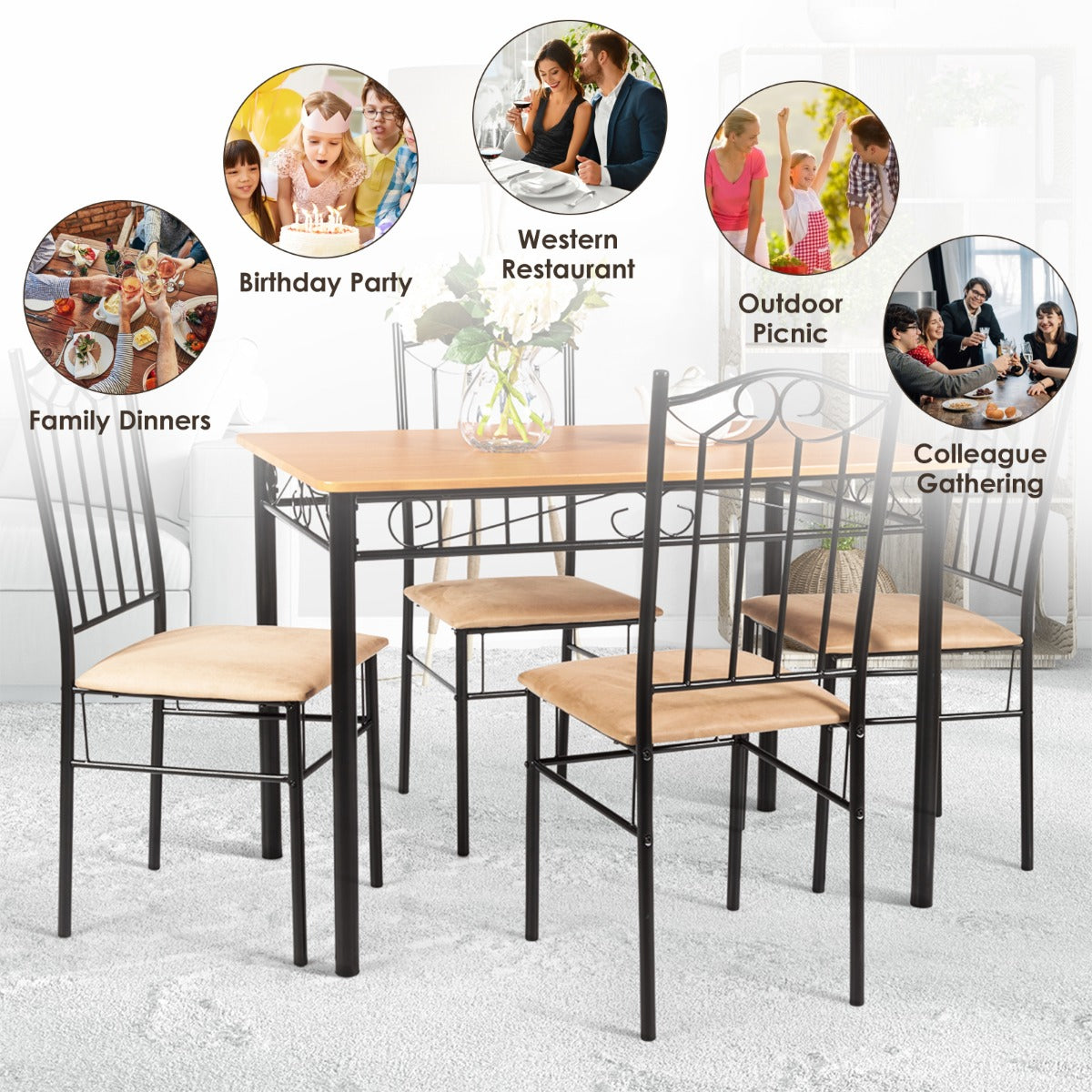 LIVSK Eetkamerset met Tafel en 4 Stoelen - Robuuste Metalen Constructie - Water- en Krasbestendig MDF - Tot 60 kg - Natuur en
