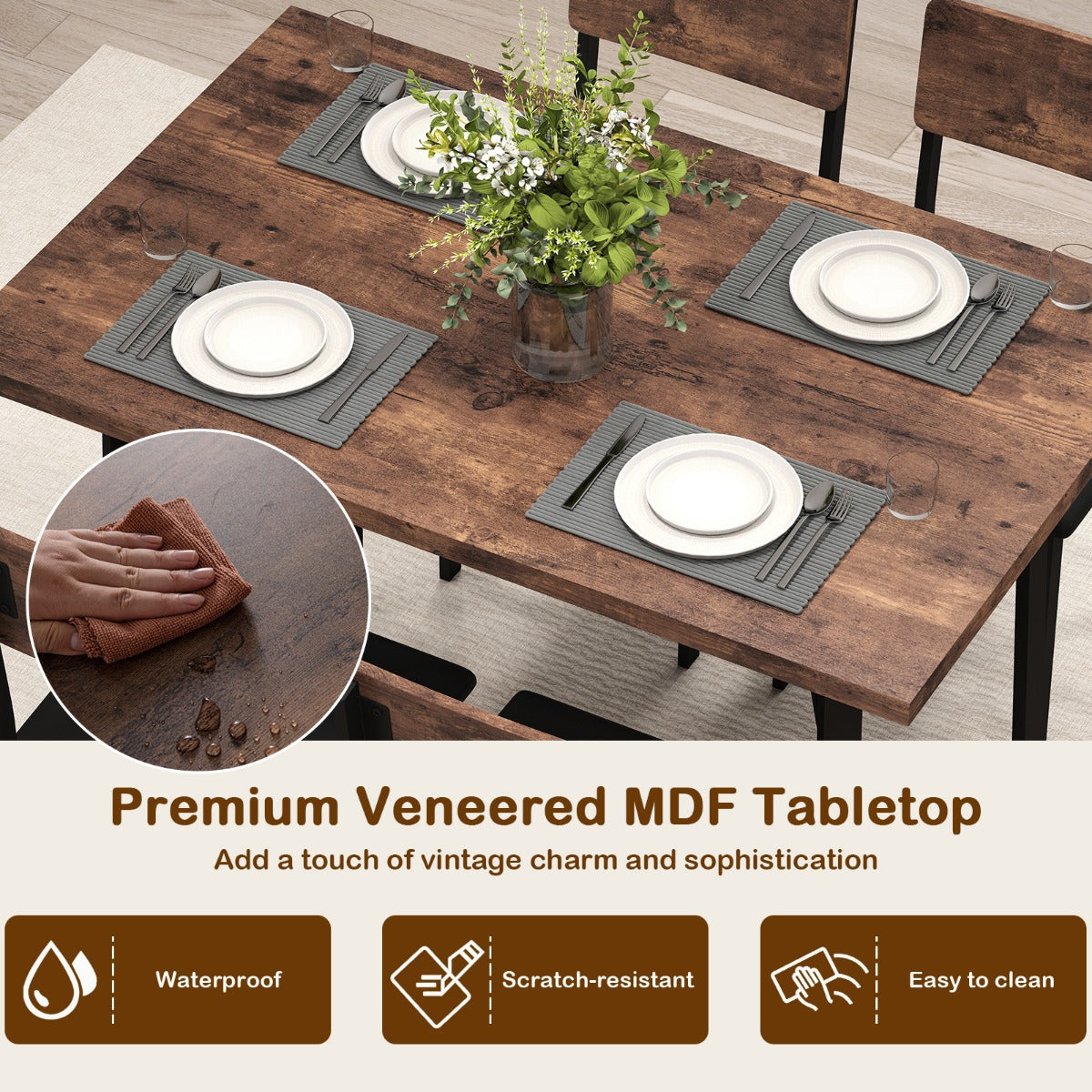 Livsk costway 5 delige eetset voor 4 personen industriele keukentafel 4 kunstleren gestoffeerde stoelen met metalen poten 5