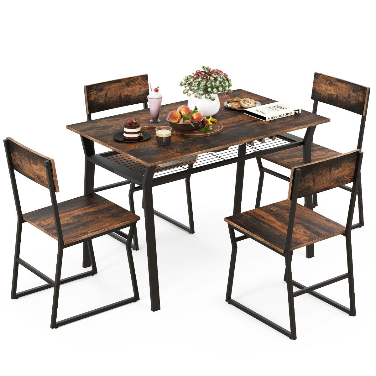 LIVSK Eetset voor 4 Personen - Rechthoekige Tafel met Opbergplank - Verstelbare Stoelen - Duurzaam Metaal - 110 x 70 x 75 cm -