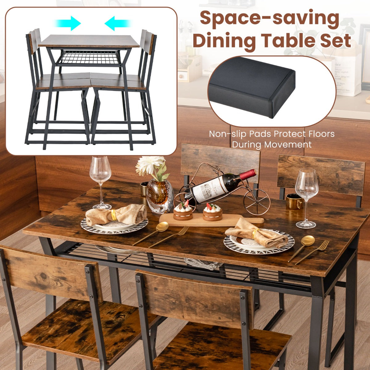 LIVSK Eetset voor 4 Personen - Rechthoekige Tafel met Opbergplank - Verstelbare Stoelen - Duurzaam Metaal - 110 x 70 x 75 cm -