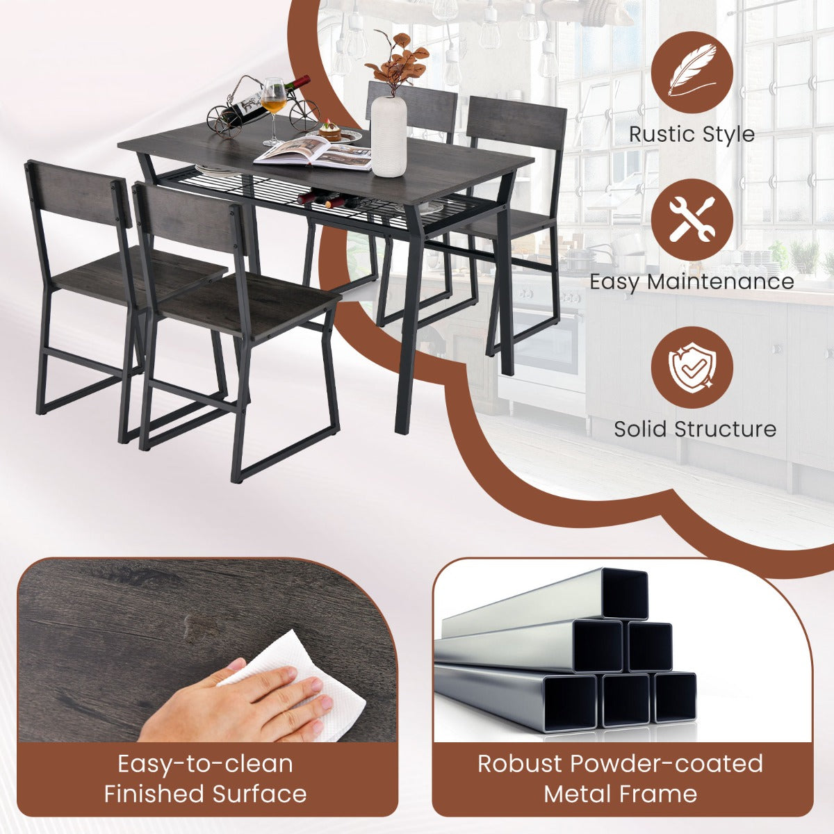 LIVSK Eetset met 4 Stoelen - Verstelbare Rugleuningen - Opbergplank - Stabiel Metalen Frame - 110 x 70 x 75 cm - Grijs