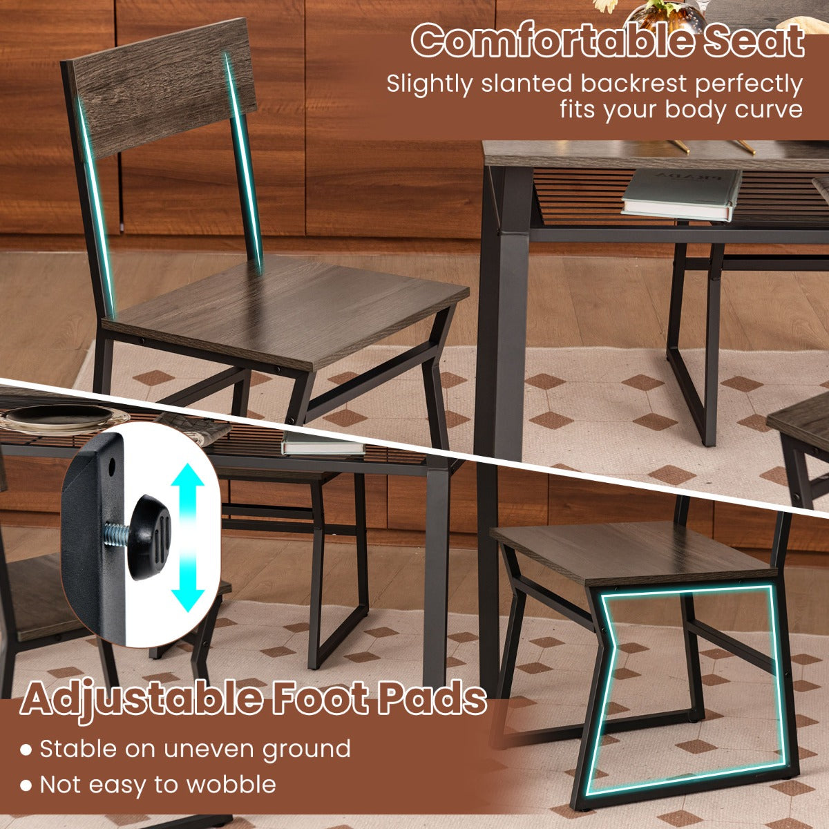 LIVSK Eetset met 4 Stoelen - Verstelbare Rugleuningen - Opbergplank - Stabiel Metalen Frame - 110 x 70 x 75 cm - Grijs