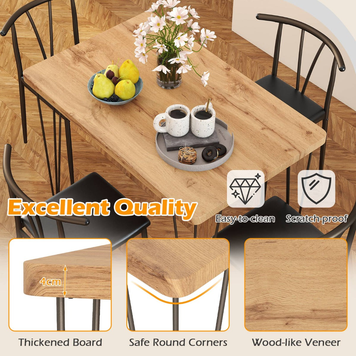 Livsk costway 5 delige eettafelset rechthoekige industriele tafel 4 stoelen zonder armleuningen met gestoffeerde zitting eethoek met metalen frame 3