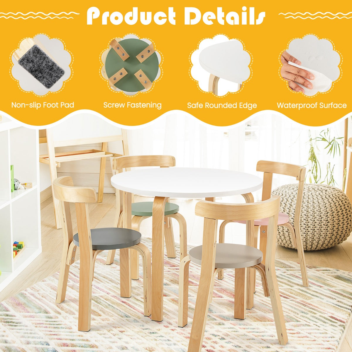LIVSK Kindertafel- en Stoelenset - 5-delig - Ronde Tafel met 4 Stoelen - Ergonomisch en Veilig - Voor Kinderen 4+ - Kleurrijk